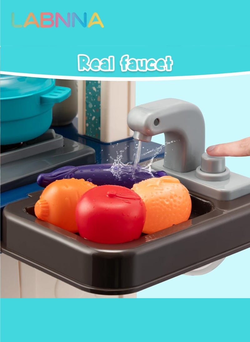 LABNNA مجموعة ألعاب مطبخ للأطفال مكونة من 53 قطعة، موقد طبخ، حوض غسيل، فرن، ألعاب مطبخ مع أضواء وأصوات واقعية، ألعاب تمثيلية، ألعاب مطبخ للأطفال الصغار من عمر 1 إلى 3 سنوات (أزرق) - Image 5